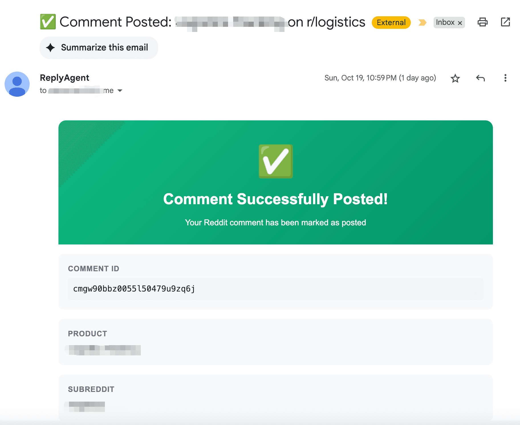 Comment Posted Email Screenshot