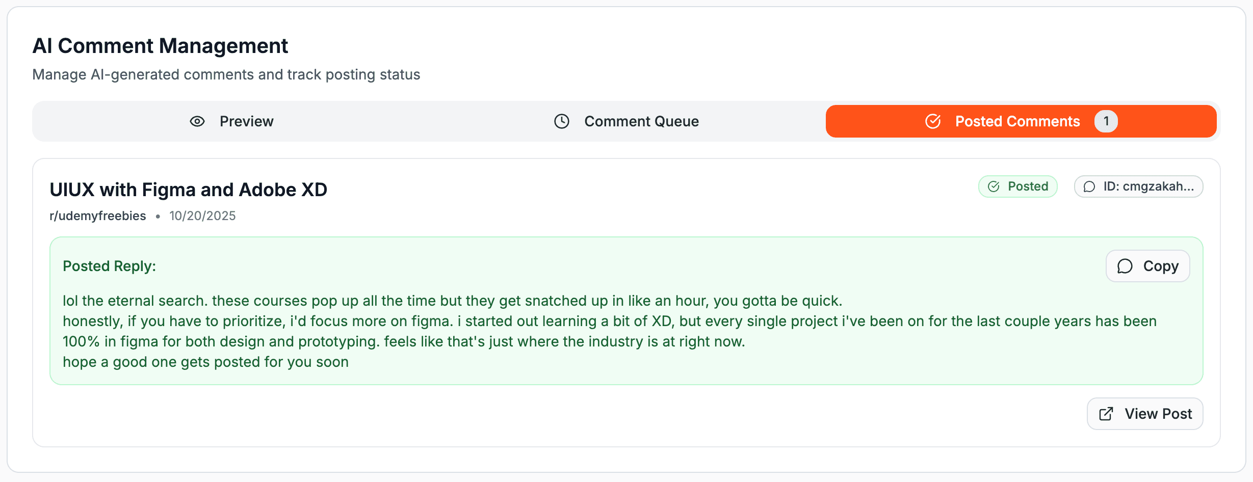 Posted Comments Dashboard